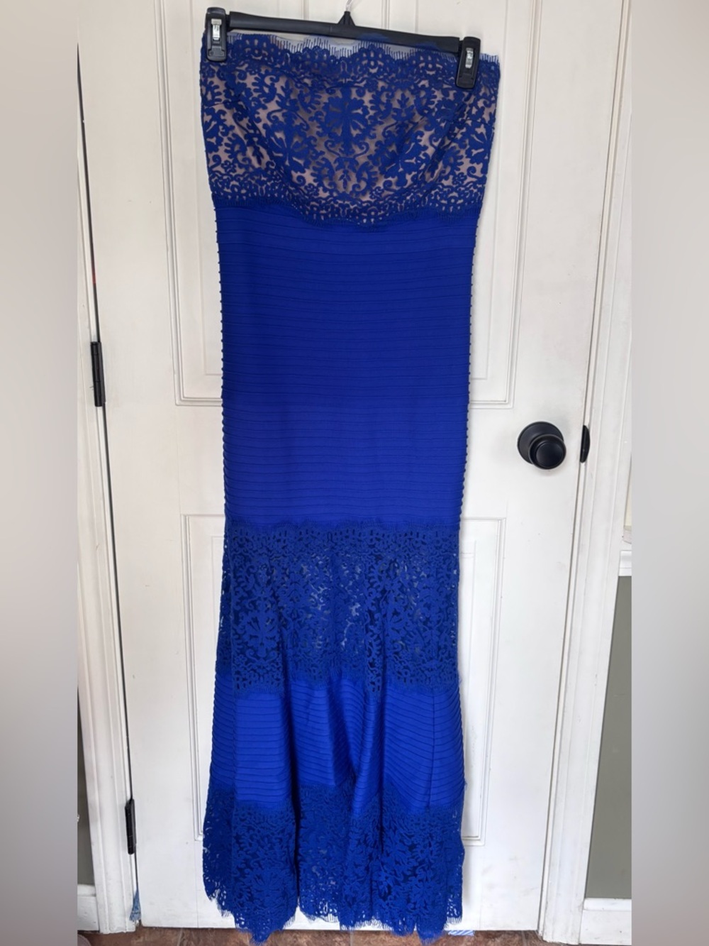 Tadashi Shoji Royal Blue Lace Strapless Gown